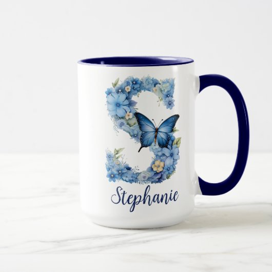 15オンス 花柄 ブルー モノグラム コーヒーマグ マグカップ (右)