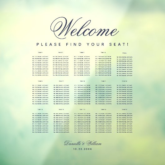 15テーブル透明シーティングチャート – 青いスクリプト ウィンドウサイン (シート3)