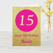 15ハッピーバースデーホットピンクと金ゴールドグリッター カード (黄色い花)