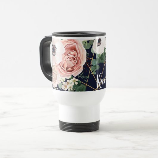 15パーソナライズされたオンスのコーヒーマグジオメトリック海軍 トラベルマグ (正面左)