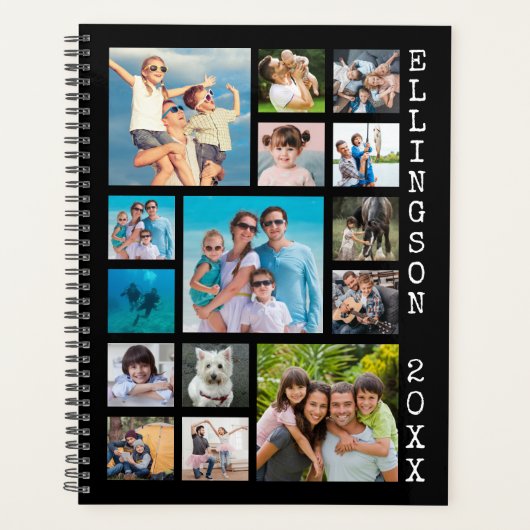 15フォトモダンコラージュ家族ブラックパーソナライズされた プランナー手帳 (正面)