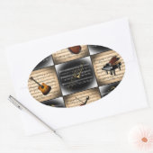 15ミュージカル楽器～楽譜背景 楕円形シール (封筒)