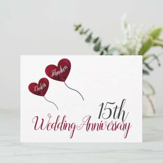 15周年クリスタル結婚記念日の赤いハート風船 招待状 (スタンド正面)