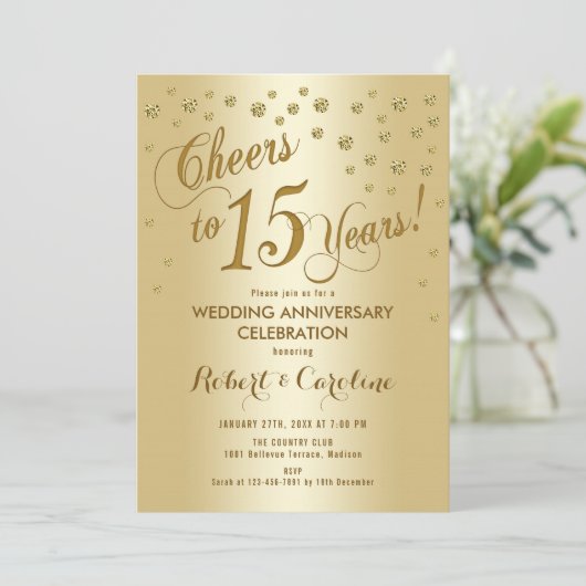15周年結婚記念日の招待状(ゴールド) 招待状 (スタンド正面)
