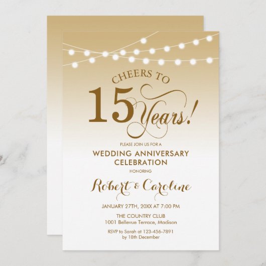 15周年結婚記念日 - ゴールド ホワイト 招待状 (正面/裏面)