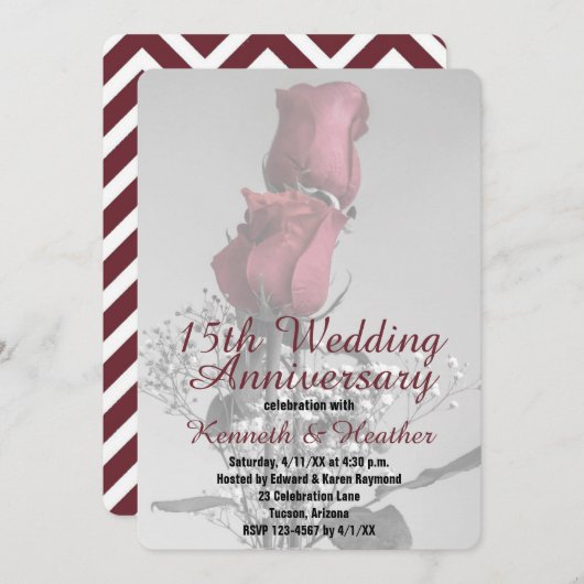 15周年結婚記念日 二本の赤いバラの写真 招待状 (正面/裏面)