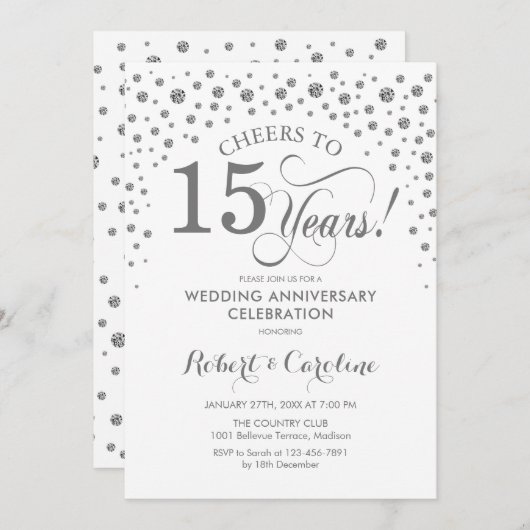 15周年記念祝賀 - シルバー ホワイト 招待状 (正面/裏面)