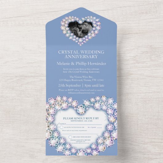 15回結晶の記念結婚写真用ライトブルー オールインワン招待状 (内側)