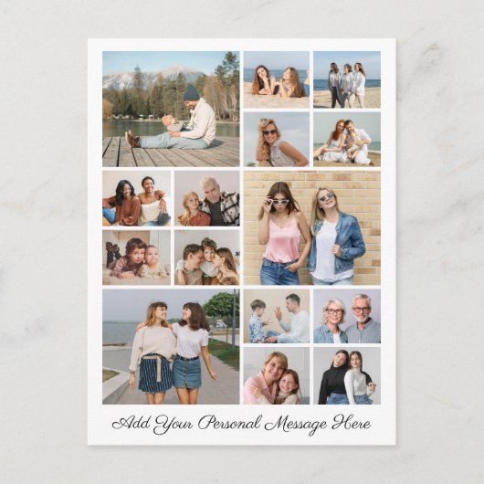 15枚の写真コラージュ 自分のメッセージを追加 ポストカード (正面)