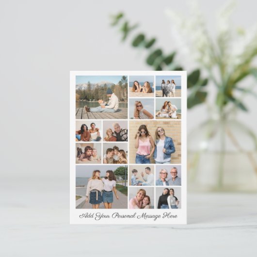 15枚の写真コラージュ 自分のメッセージを追加 ポストカード (スタンド正面)