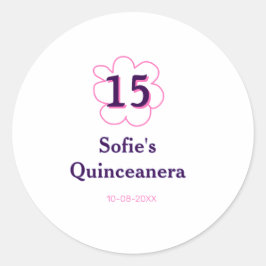 15歳のクィンセañera お誕生日おめでとう ピンク 紫 誕生日 ラウンドシール