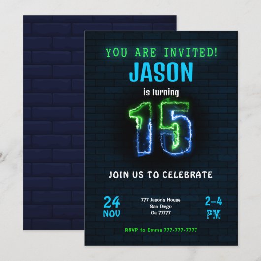 15歳の男の子の誕生日パーティー招待状 招待状 (正面/裏面)