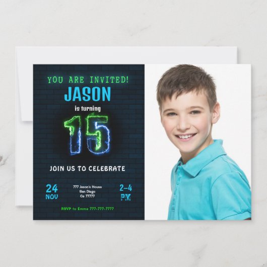 15歳の男の子の誕生日写真招待状 招待状 (正面)