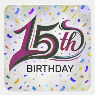 15歳の誕生日おめでとう テキスト パーティー コンフェティ スクエアシール