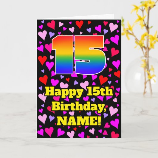 15歳の誕生日おめでとう：ラブハート柄 虹色 # 15 カード (黄色い花)