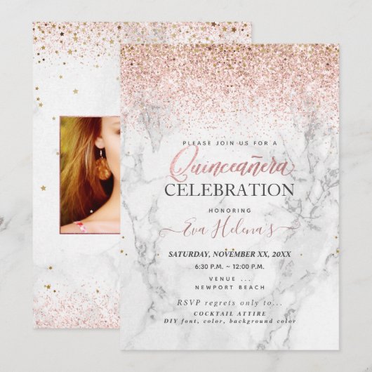 15歳の誕生日のお祝い、星に書かれた、マルチ+ローズゴールド 招待状 (正面/裏面)