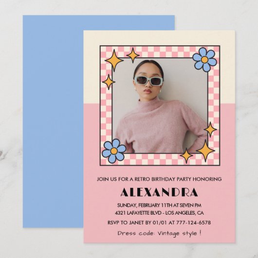 15歳の誕生日の招待レトロGroovyピンクの花 招待状 (正面/裏面)
