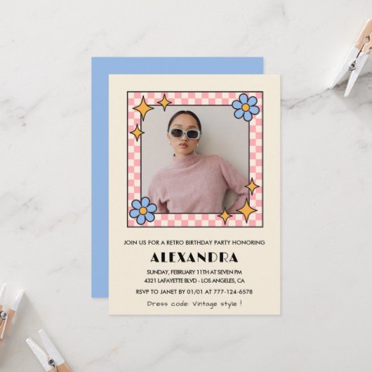 15歳の誕生日の招待レトロGroovy Blueフローラ 招待状 (正面/裏面インサイチュ)