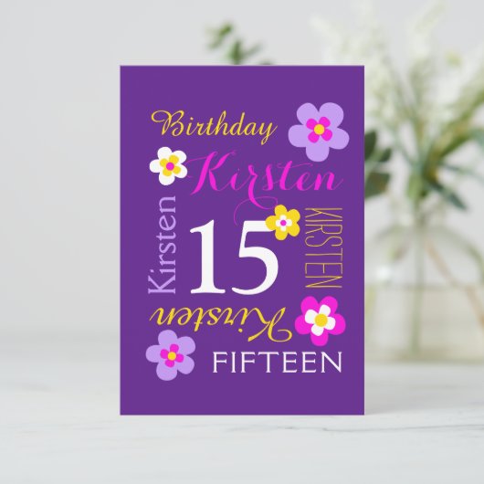 15歳の誕生日の花イエローピンク紫のサプライズ 招待状 (スタンド正面)