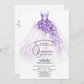 15歳の誕生日を祝う少女 | 紫のバラの花を飾ったドレス 招待状 (正面/裏面)