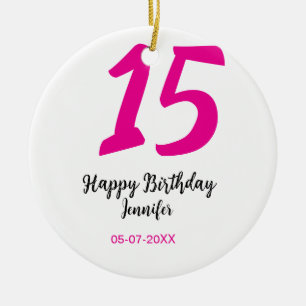 15歳の誕生日ケーキの日付入り年号ピンクテンプレート セラミックオーナメント