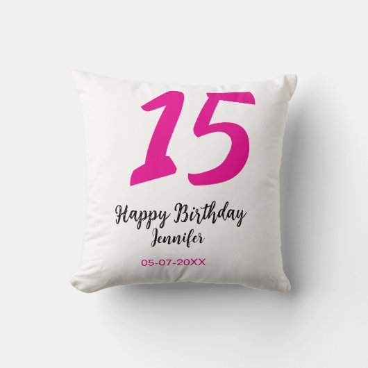 15歳の誕生日ケーキの日付年入れられるピンクテンプレート クッション (正面)