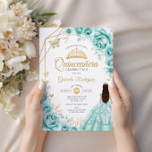 15歳の誕生日ターコイズゴールドの花のドレス 招待状
