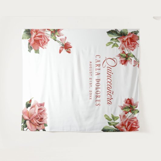 15歳の誕生日パーティーのピンクのバラの写真ブースの背景 タペストリー (正面(横))