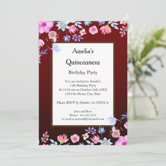 15歳の誕生日パーティーのワインレッドの花 招待状 (スタンド正面)