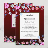 15歳の誕生日パーティーのワインレッドの花 招待状 (正面/裏面)