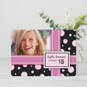 15歳の誕生日パーティーの招待ピンクの黒い点 招待状 (スタンド正面)