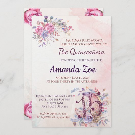 15歳の誕生日パーティーの招待状 招待状 (正面/裏面)