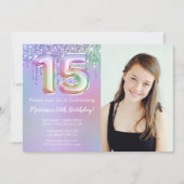 15歳の誕生日パーティーの紫とピンクのグリッター写真 招待状 (正面)