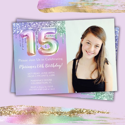 15歳の誕生日パーティーの紫とピンクのグリッター写真 招待状
