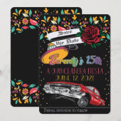 15歳の誕生日パーティーの花飾りとローライダー & 赤いバラ 招待状 (正面/裏面)