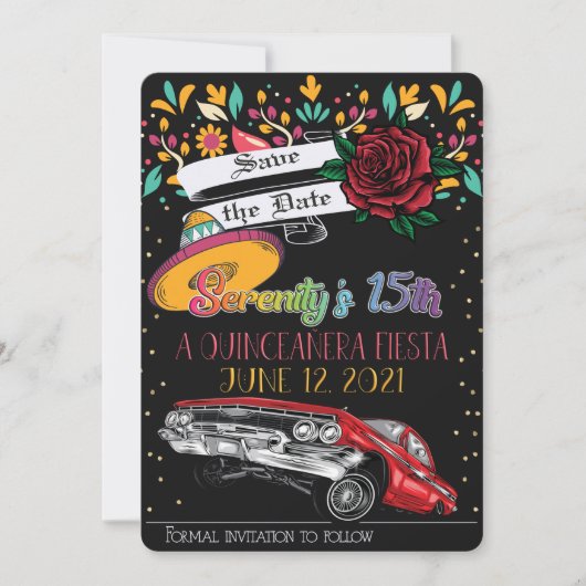 15歳の誕生日パーティーの花飾りとローライダー & 赤いバラ 招待状 (正面)