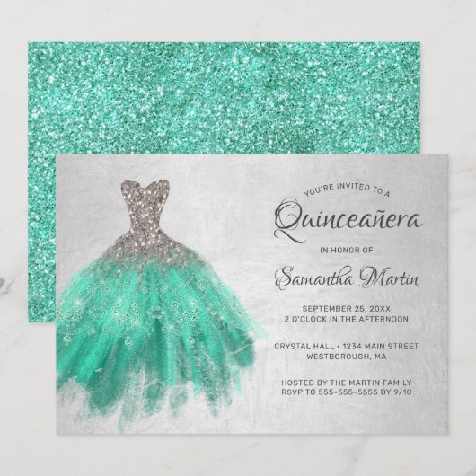 15歳の誕生日パーティーの銀と水色のドレス 招待状 (正面/裏面)