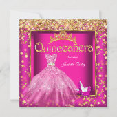 15歳の誕生日パーティー用ホットピンクのドレスとゴールドのハイヒール 招待状 (正面)