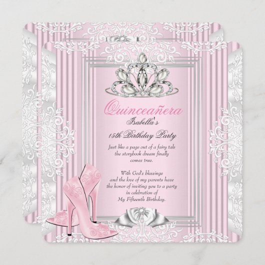 15歳の誕生日パーティー ライトピンクの靴4 招待状 (正面/裏面)