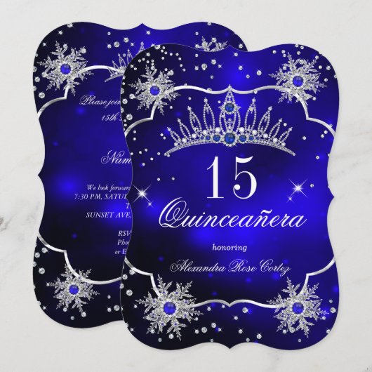 15歳の誕生日パーティー ロイヤルブルーの雪の結晶のティアラ クインセアニェラ 招待状 (正面/裏面)