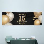 15歳の誕生日パーティー 黒と金の風船 横断幕 (トレードショー)