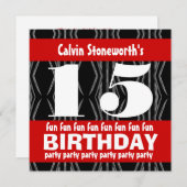 15歳の誕生日パーティー 黒 赤 白 現代的 招待状 (正面/裏面)