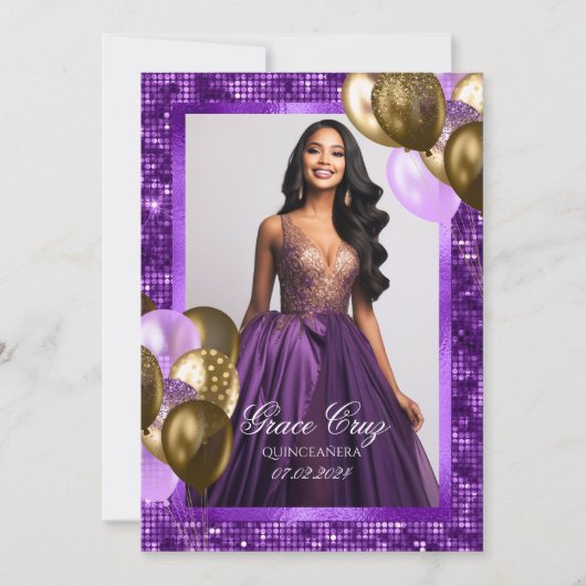 15歳の誕生日パープルとゴールドの招待状 招待状 (正面)