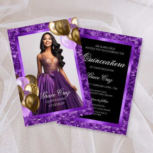 15歳の誕生日パープルとゴールドの招待状 招待状