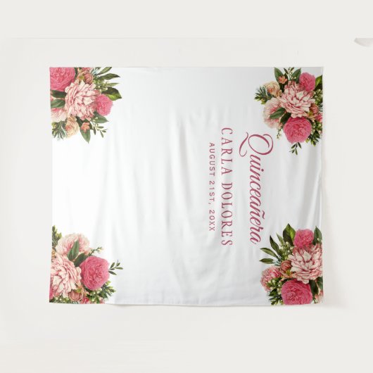 15歳の誕生日ピンクの花のフォトブースの背景 タペストリー (正面(横))