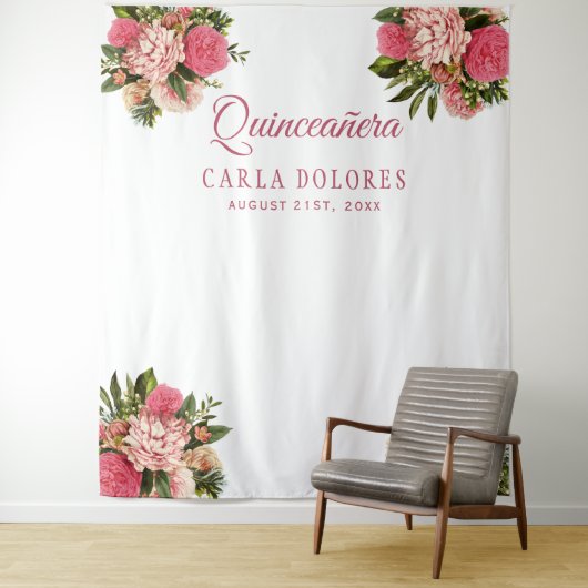 15歳の誕生日ピンクの花のフォトブースの背景 タペストリー (インサイチュ)