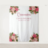 15歳の誕生日ピンクの花のフォトブースの背景 タペストリー (正面)