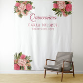 15歳の誕生日ピンクの花の写真ブースの背景 タペストリー (インサイチュ)