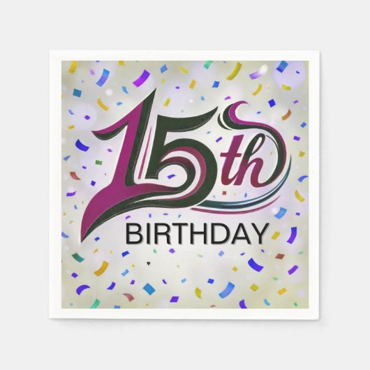 15歳の誕生日メッセージ パーティーのコンフェッティ付き スタンダードカクテルナプキン (正面)