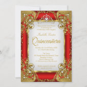 15歳の誕生日写真 赤い金色のパール製ティアラ パーティー 招待状 (正面)